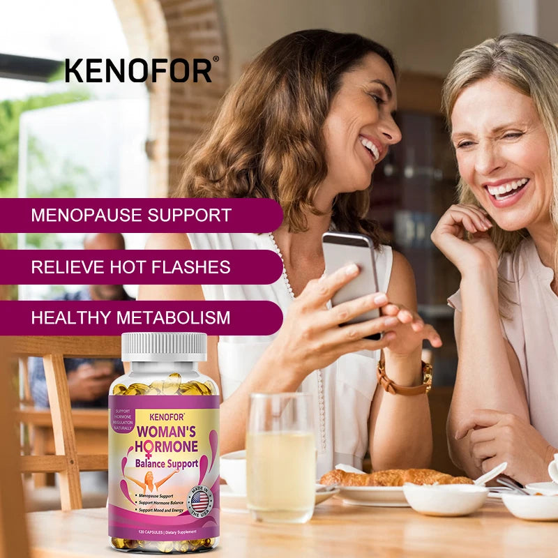 Suplemento Kenofor para la salud femenina, con flavonoides de soya, que ayuda a regular el estado de ánimo y a mejorar la energía durante la menopausia.