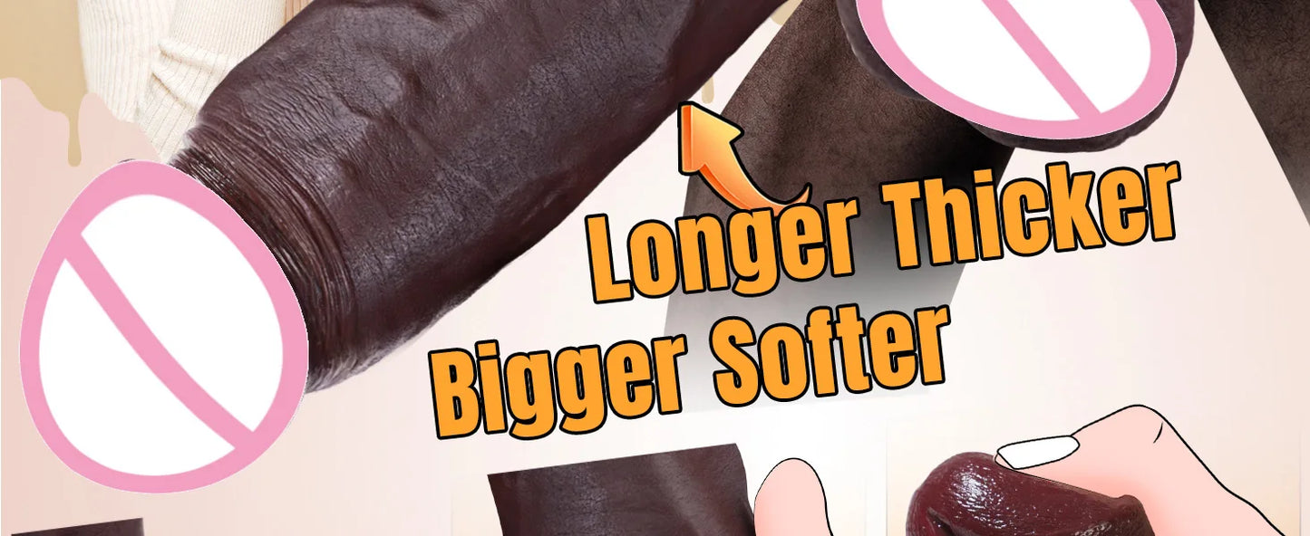 Juguete sexual de consolador negro grande simulado, consolador enorme y grueso con apariencia de piel, con consolador de silicona realista con ventosas