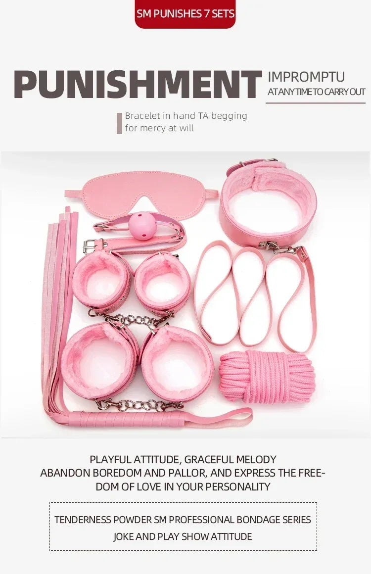 Kits BDSM de cuero sexy para parejas, exóticos, 7 piezas de peluche, juego de bondage sexual, esposas, juegos sexuales, látigo, mordaza, pinzas para pezones, juguetes sexuales.
