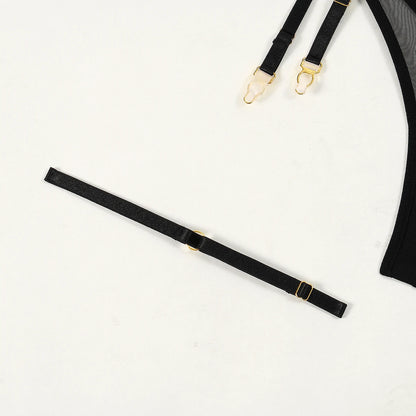 Conjunto de lencería erótica de cuatro piezas con copa triangular, sexy, de malla transparente, novedad de verano de 2024