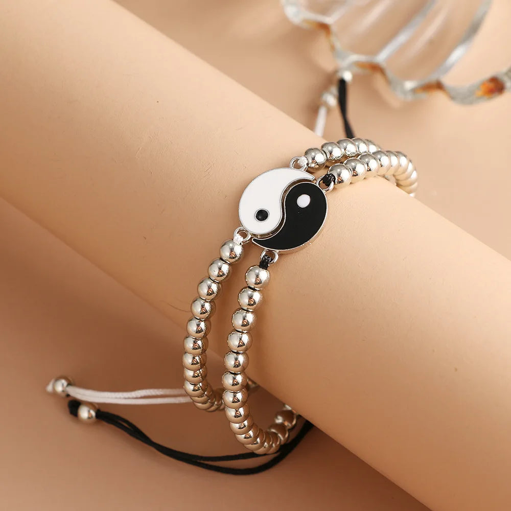 Pulseras de pareja, anillos, Yin Yang, Tai Chi, colgante de aleación, cadena trenzada ajustable, collar, pulsera a juego para amantes, collar y pendientes.