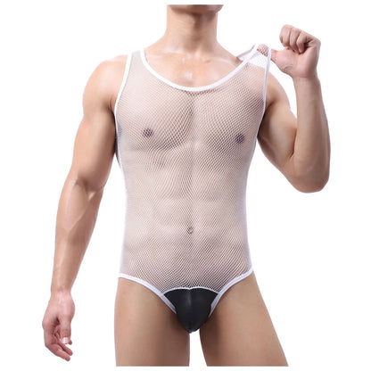 Camisetas interiores sexys para hombre, lencería gay de malla transparente, mono de lucha libre, leotardo, pijama de una pieza, ropa interior transparente