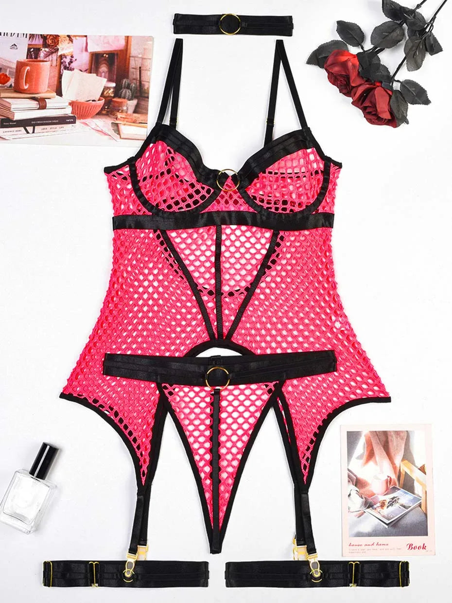 Conjunto de lencería sexy JSY para mujer, ropa interior corporal, camisón de malla transparente, ropa de dormir, lencería erótica, disfraces porno