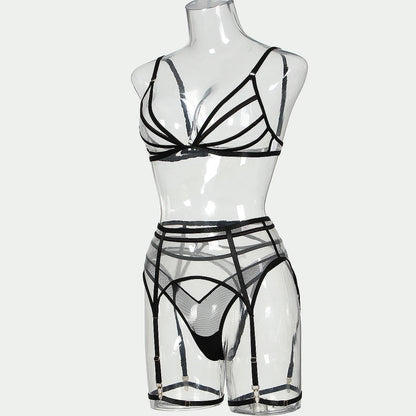 Conjunto de lencería erótica de cuatro piezas con copa triangular, sexy, de malla transparente, novedad de verano de 2024