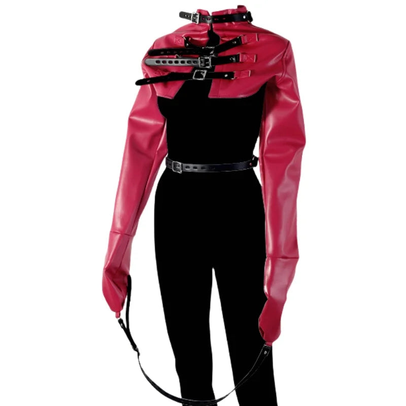 BDSM-Leder-Bodybinder-Jacke mit verstellbarer offener Brust-Armfessel, erotisches Kostüm für Paar-Rollenspiele, Sexspielzeug