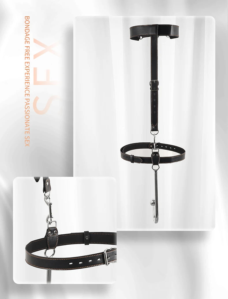 Juego de ganchos anales de cuero BDSM, posición de asistencia sexual, sujeción con gancho de metal, esposas con tapón bucal y cinturón, juguetes sexuales para adultos