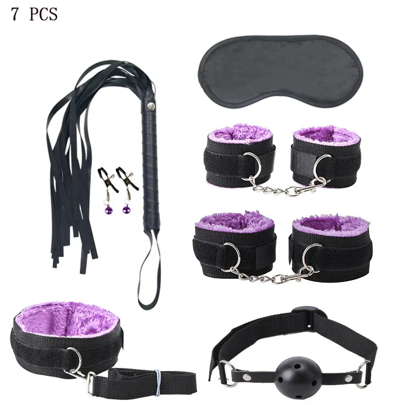 Kits BDSM de cuero sexy para parejas, exóticos, 7 piezas de peluche, juego de bondage sexual, esposas, juegos sexuales, látigo, mordaza, pinzas para pezones, juguetes sexuales.