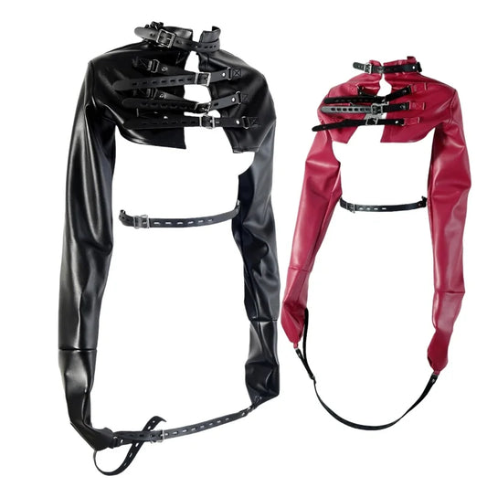 BDSM-Leder-Bodybinder-Jacke mit verstellbarer offener Brust-Armfessel, erotisches Kostüm für Paar-Rollenspiele, Sexspielzeug