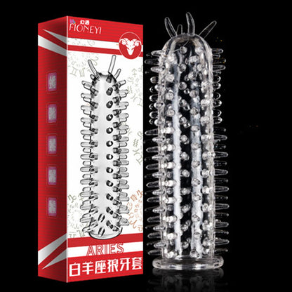 Condón Diente de Lobo Cristalino, Caja Individual, Gran Partícula, Funda para Pene, Anillo Extensor Reutilizable para Pene, Condones Eróticos para Hombres