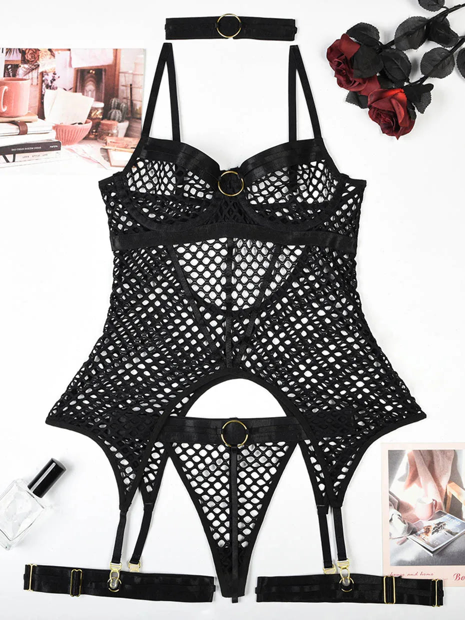 Conjunto de lencería sexy JSY para mujer, ropa interior corporal, camisón de malla transparente, ropa de dormir, lencería erótica, disfraces porno