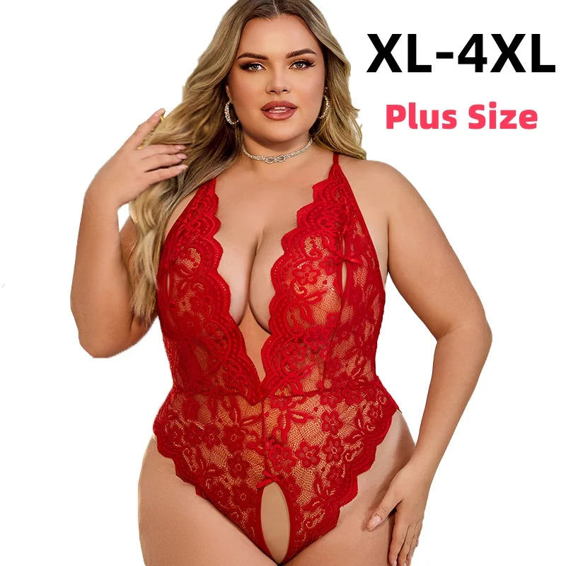 Lencería sexy de verano para mujer, tallas grandes, talla XL-4XL, sin entrepierna, con encaje, atractiva, fetiche erótico, vestido de noche transparente.