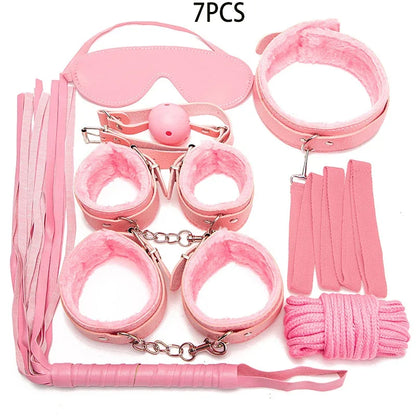 Kits BDSM de cuero sexy para parejas, exóticos, 7 piezas de peluche, juego de bondage sexual, esposas, juegos sexuales, látigo, mordaza, pinzas para pezones, juguetes sexuales.