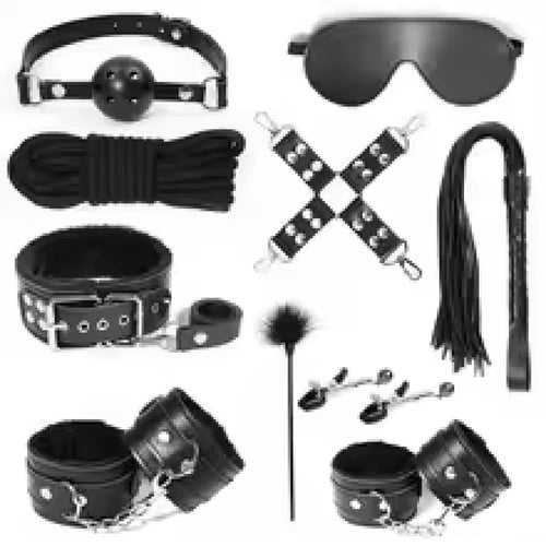 Juego de juguetes sexuales BDSM con ataduras de bondage que incluye esposas de cuero para tobillos, látigos, mordaza para la boca con cosquillas, collar de cuerda de algodón para mujeres y parejas.