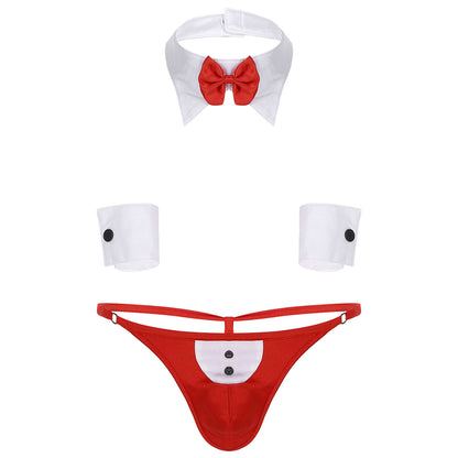 Conjunto de lencería de esmoquin para hombre, disfraz de sirvienta sexy, tanga, calzoncillos tipo bóxer con cuello y puños de pajarita, ropa de club