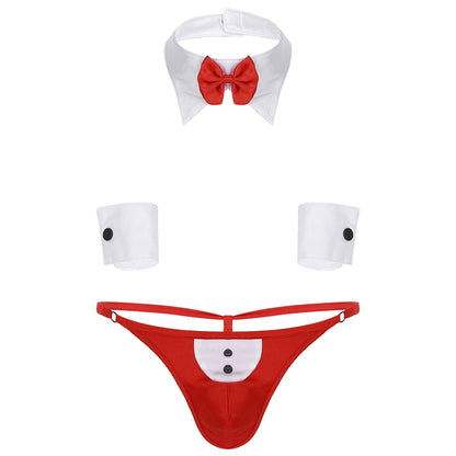 Conjunto de lencería de esmoquin para hombre, disfraz de sirvienta sexy, tanga, calzoncillos tipo bóxer con cuello y puños de pajarita, ropa de club