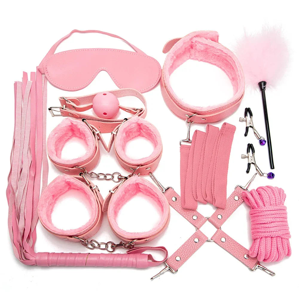 BDSM Kits Sexy Leder Plüsch Sex Bondage Set Handschellen Sex Spiele Peitsche Knebel Nippelklemmen Sex Spielzeug Für Paare Exotisches Zubehör