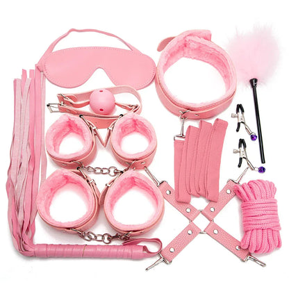 BDSM Kits Sexy Leder Plüsch Sex Bondage Set Handschellen Sex Spiele Peitsche Knebel Nippelklemmen Sex Spielzeug Für Paare Exotisches Zubehör