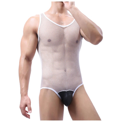 Camisetas interiores sexys para hombre, lencería gay de malla transparente, mono de lucha libre, leotardo, pijama de una pieza, ropa interior transparente