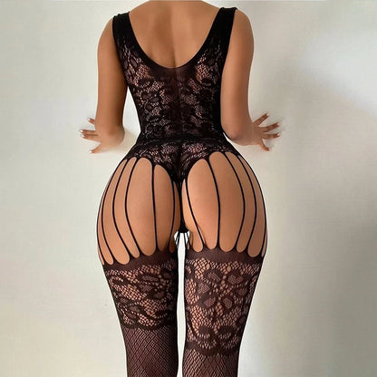Einteilige sexy Bodys ohne Schritt für Frauen Erotische Outfits Mesh Sheer Teddy Jumpsuits Hohe Taille Elastische Langarm-Strampler