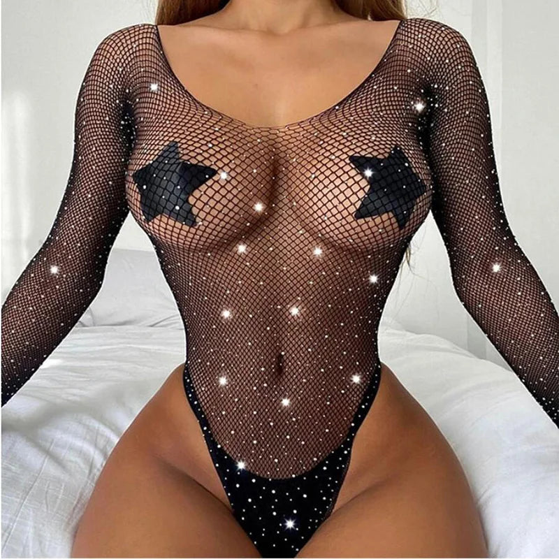 Women Rhinestone Glitter Bodysuits High Fishnet Tights Erotic Lingerie Sexy Tops One Piece Lingerie Erotic Body Rave Outfits