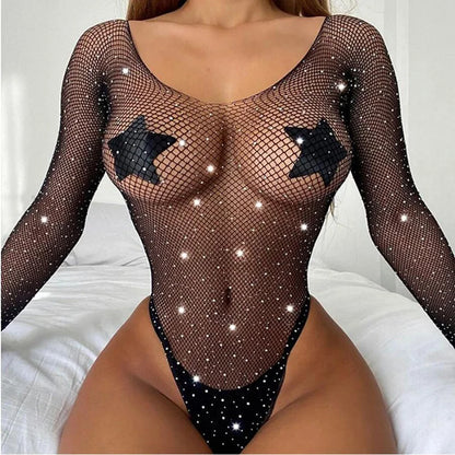 Women Rhinestone Glitter Bodysuits High Fishnet Tights Erotic Lingerie Sexy Tops One Piece Lingerie Erotic Body Rave Outfits