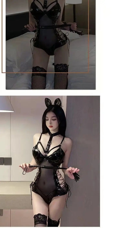 BDSM Latex Bodysuit Queen Kostüm Sexy Fetischkleid Transparentes Mesh Fessel-Outfit Enges Bondage Erotisches Dessous-Set für Damen
