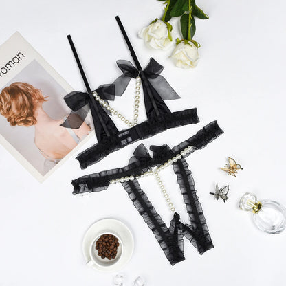 MUZISKAT Haute Sense 2024 Conjunto de lencería erótica con cadena de perlas y encaje de malla para mujer Onlyfans