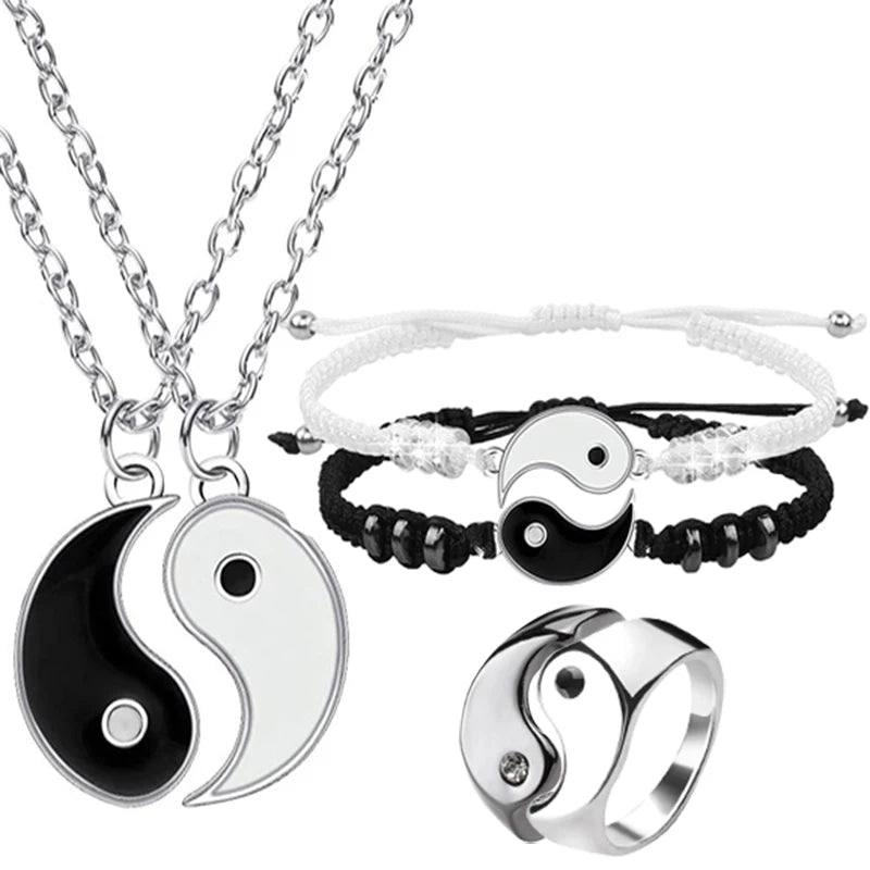 Pulseras de pareja, anillos, Yin Yang, Tai Chi, colgante de aleación, cadena trenzada ajustable, collar, pulsera a juego para amantes, collar y pendientes.