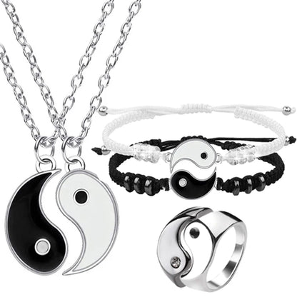 Pulseras de pareja, anillos, Yin Yang, Tai Chi, colgante de aleación, cadena trenzada ajustable, collar, pulsera a juego para amantes, collar y pendientes.