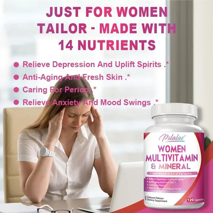 Multivitaminas y minerales para mujeres: mejora los niveles de energía, combate el envejecimiento y promueve la salud del cabello, la piel y las uñas.