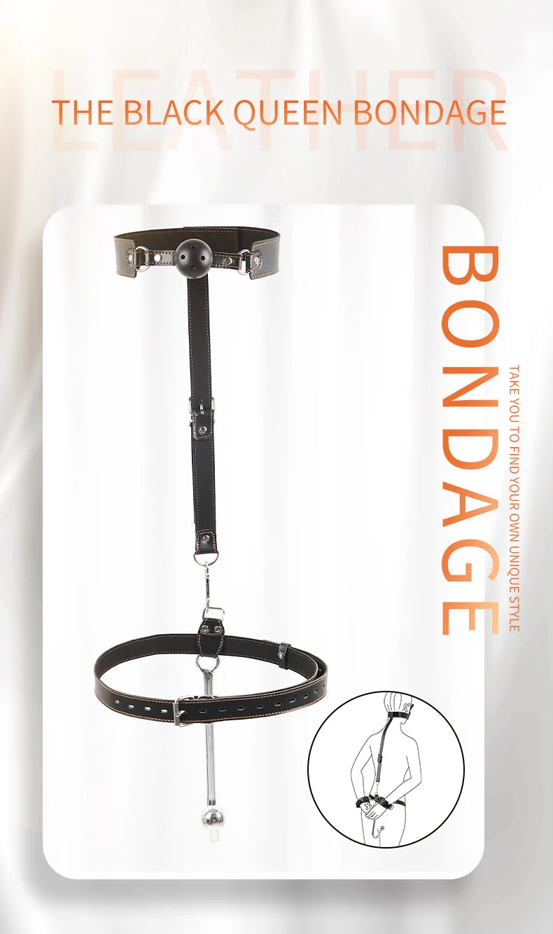 Juego de ganchos anales de cuero BDSM, posición de asistencia sexual, sujeción con gancho de metal, esposas con tapón bucal y cinturón, juguetes sexuales para adultos