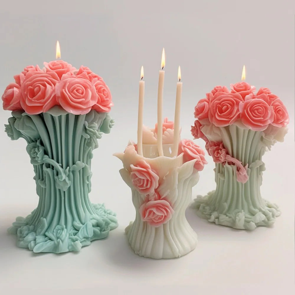 Romantic Rose Flower Column Wedding Candle Rattan Peony Soap Silicone Mould Valentine's Day Chocolate Candlelight Dinner Decor