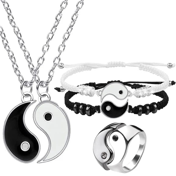 Pulseras de pareja, anillos, Yin Yang, Tai Chi, colgante de aleación, cadena trenzada ajustable, collar, pulsera a juego para amantes, collar y pendientes.