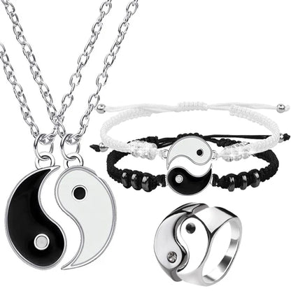 Pulseras de pareja, anillos, Yin Yang, Tai Chi, colgante de aleación, cadena trenzada ajustable, collar, pulsera a juego para amantes, collar y pendientes.