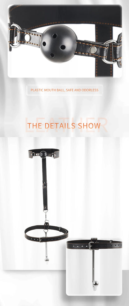 Juego de ganchos anales de cuero BDSM, posición de asistencia sexual, sujeción con gancho de metal, esposas con tapón bucal y cinturón, juguetes sexuales para adultos