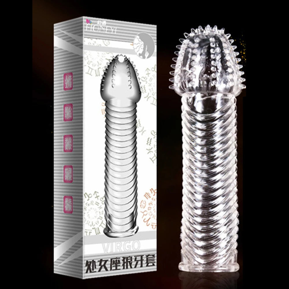 Condón Diente de Lobo Cristalino, Caja Individual, Gran Partícula, Funda para Pene, Anillo Extensor Reutilizable para Pene, Condones Eróticos para Hombres