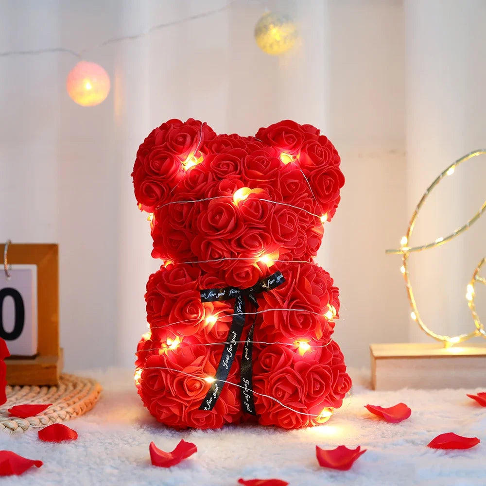 Oso de peluche artificial de 25 cm con flor eterna, rosa, con caja, regalo romántico para novia, mujer, madre, cumpleaños, boda, fiesta, decoración
