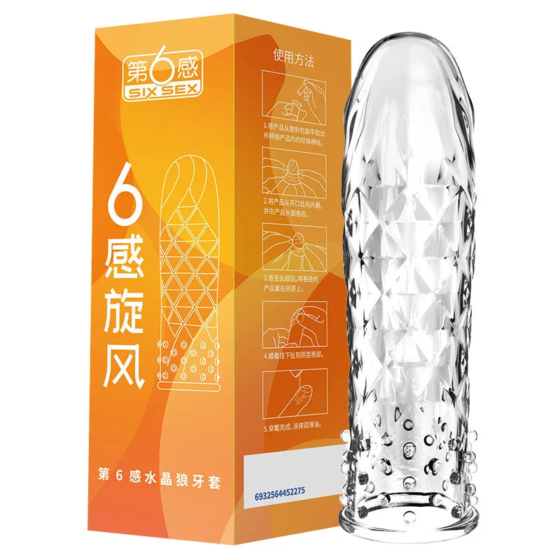 Condón Diente de Lobo Cristalino, Caja Individual, Gran Partícula, Funda para Pene, Anillo Extensor Reutilizable para Pene, Condones Eróticos para Hombres