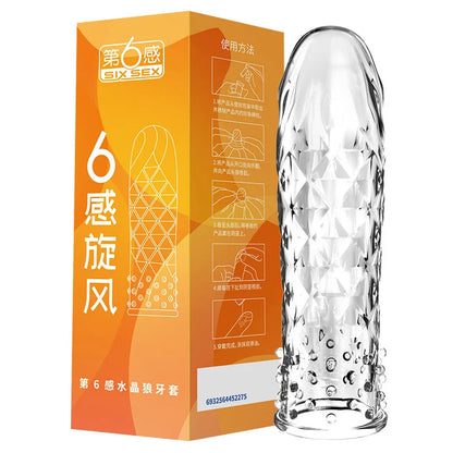 Condón Diente de Lobo Cristalino, Caja Individual, Gran Partícula, Funda para Pene, Anillo Extensor Reutilizable para Pene, Condones Eróticos para Hombres