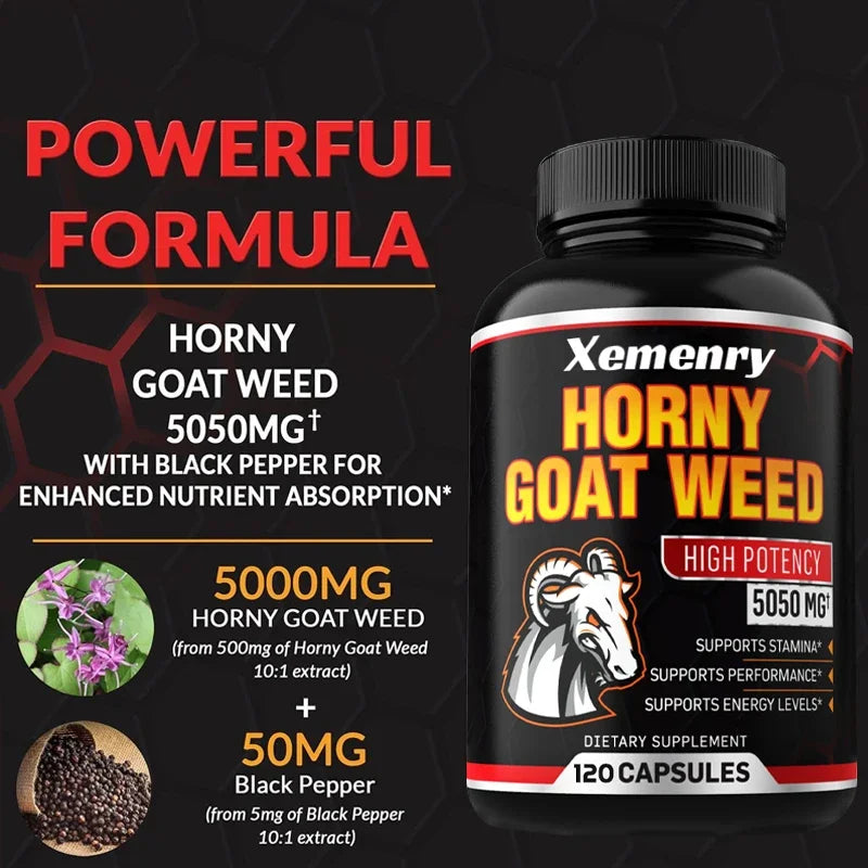 Horny Goat Weed Capsules 5050 mg - Contains Black Pepper Extract - Maximum Potency 120 Capsules Supplement