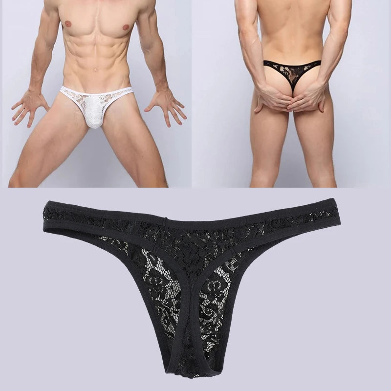 Tanga de encaje para hombre, ropa interior sexy, transparente, con bolsa en U, bragas eróticas