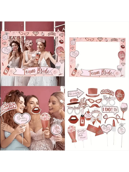 25pcs Bachelorette Party Rose Gold Photo Booth Props Set - Handheld Frame, Perfect for Bridal Showers & Wedding Celebrations