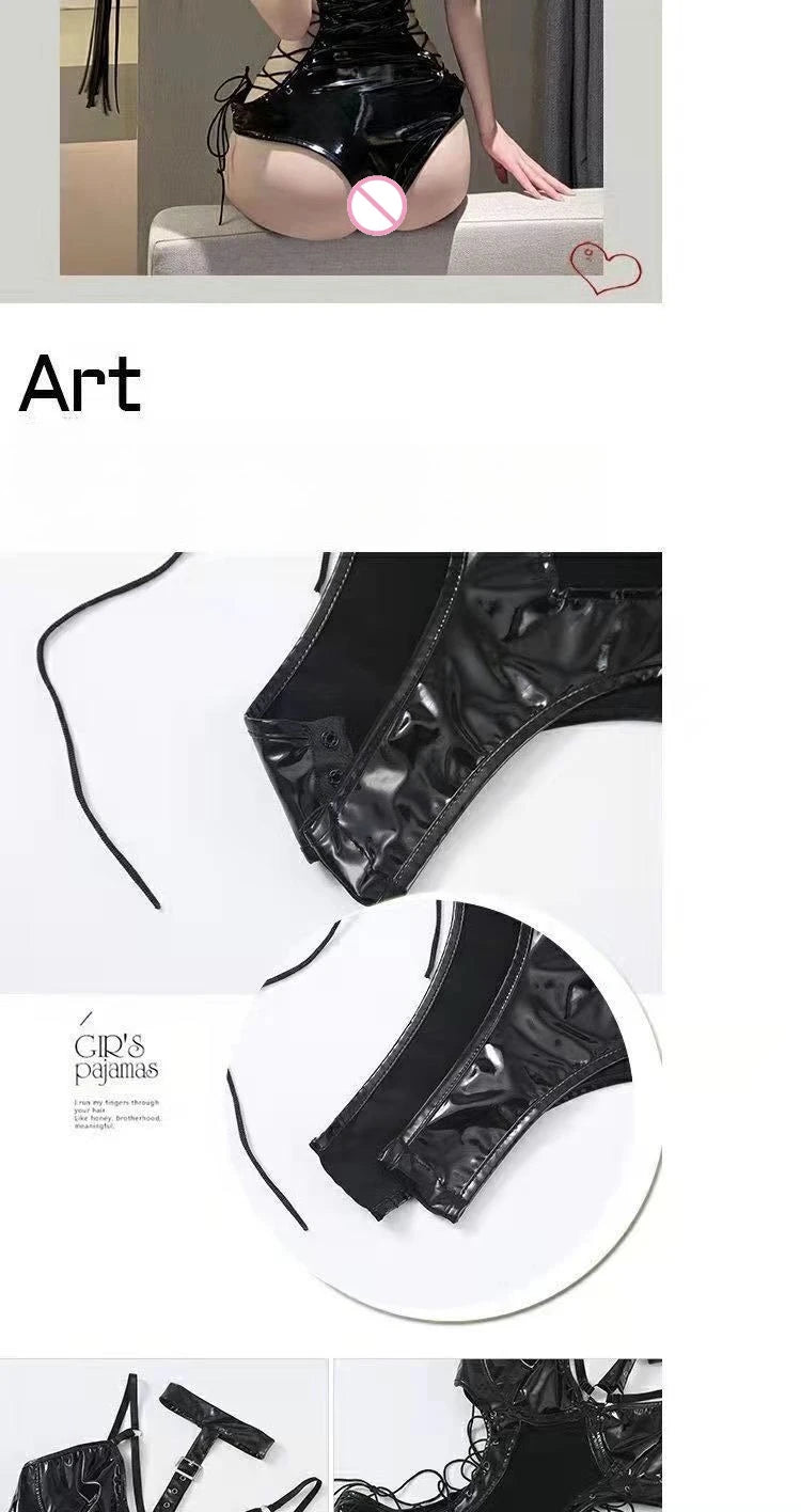 BDSM Latex Bodysuit Queen Kostüm Sexy Fetischkleid Transparentes Mesh Fessel-Outfit Enges Bondage Erotisches Dessous-Set für Damen