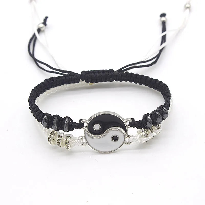 Pulseras de pareja, anillos, Yin Yang, Tai Chi, colgante de aleación, cadena trenzada ajustable, collar, pulsera a juego para amantes, collar y pendientes.