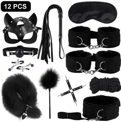 BDSM Kits Sexy Leder Plüsch Sex Bondage Set Handschellen Sex Spiele Peitsche Knebel Nippelklemmen Sex Spielzeug Für Paare Exotisches Zubehör