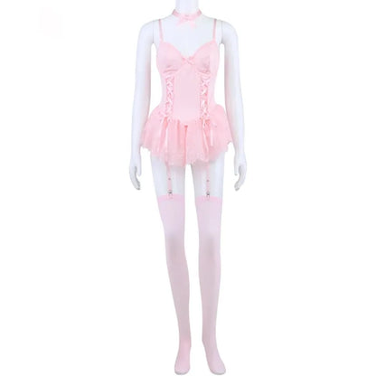 Sexy Dessous Damen Korsett Spitzenbody 5-teiliges Set mit Strümpfen &amp; Strumpfgürtel OnlyFans Tightening Fantasy Unterwäsche