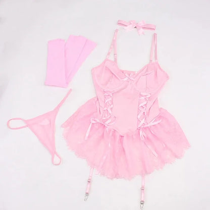 Sexy Dessous Damen Korsett Spitzenbody 5-teiliges Set mit Strümpfen &amp; Strumpfgürtel OnlyFans Tightening Fantasy Unterwäsche