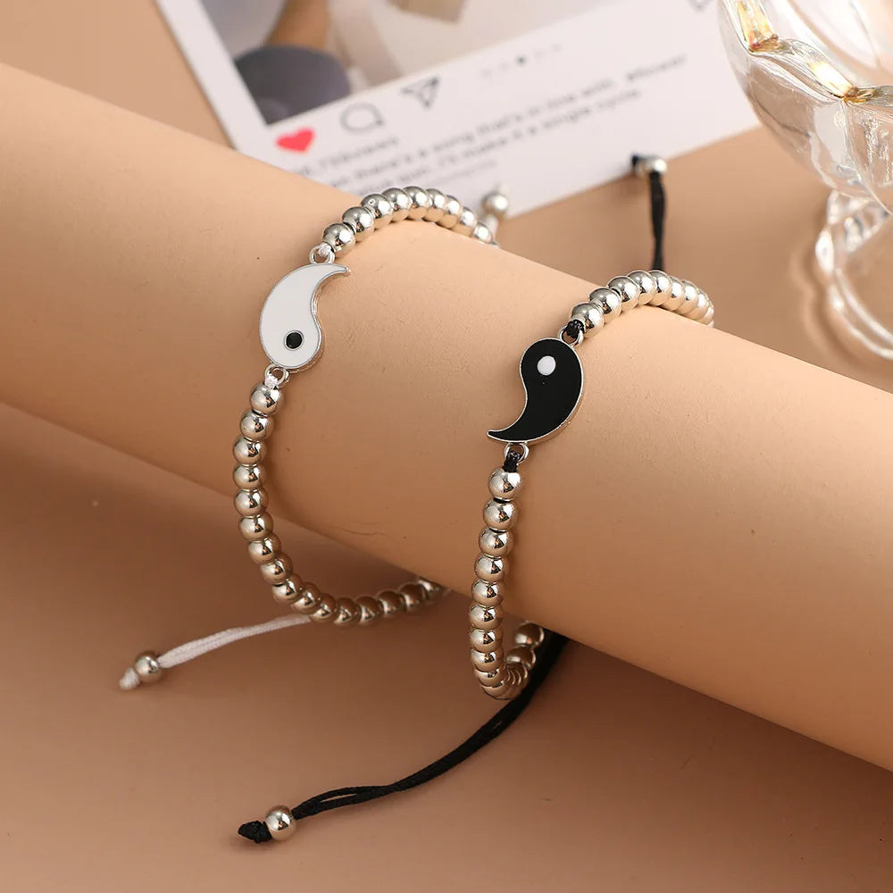 Pulseras de pareja, anillos, Yin Yang, Tai Chi, colgante de aleación, cadena trenzada ajustable, collar, pulsera a juego para amantes, collar y pendientes.