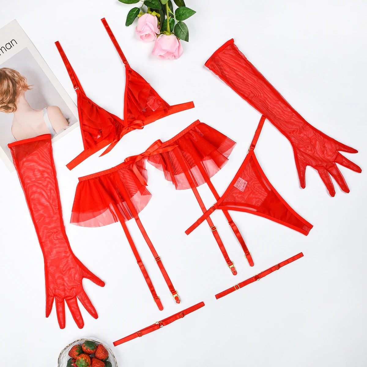 MUZISKAT New 2024 Fashion Durchsichtiges Mesh Fünfteiliges Sexy Skelett Erotische Dessous Set Onlyfan