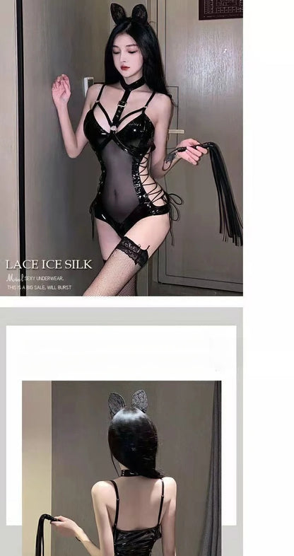 BDSM Latex Bodysuit Queen Kostüm Sexy Fetischkleid Transparentes Mesh Fessel-Outfit Enges Bondage Erotisches Dessous-Set für Damen